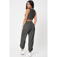 Kadın Antrasit Gri Kaşkorse Cepli Jogger Eşofman Altı ve Crop Top Bluz