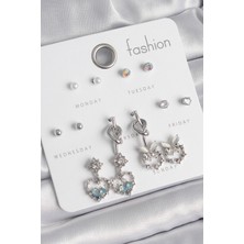 Pirinç Gümüş Renk Sallantı Zirkon Taşlı Kalp Model Düğüm Detay 7 Çift Kadın Küpe Seti