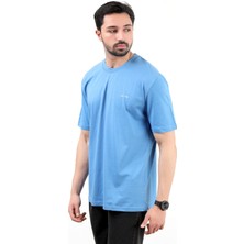Erkek Bisiklet Yaka Real Time Baskılı Pamuklu T-Shirt Mavi - 2271- 4