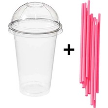Eliz Party 350 cc Pet Plastik Milkshake Limonata Bardağı Kapaklı Pipet Dahil 25 Adet