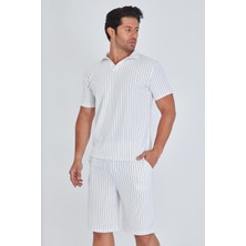 Erkek Yakalı Çizgili Polycotton T-Shirt Şort Ikili Takım Haki 5733-H
