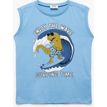 Koton Pamuklu Kolsuz Bisiklet Yaka Dinozor Baskılı Sıfır Kol Tişört