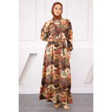 Kahverengi Bel Kemerli Desenli Elbise