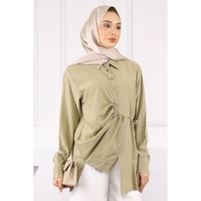 Haki Yan Bağlamalı Düğmeli Gömlek