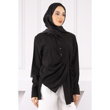 Siyah Yan Bağlamalı Düğmeli Gömlek