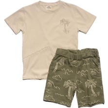Erkek Çocuk Bej Palmiye Baskılı Haki Şortlu 2'li Takım - 1013982