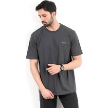 Erkek Bisiklet Yaka Real Time Baskılı Pamuklu T-Shirt Antrasit - 2271- 4