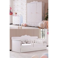 Flower Çocuk Odası Takımı, Flower Yavrulu Karyola, 3 Kapaklı Dolap, Şifonyer - Beyaz