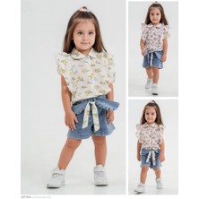Çiçek Desenli Fırfırlı Bluz  Jean Kız Çocuk Ikili Takım. 2-5 Yaş