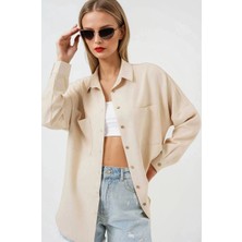Kadın Bej Oversize Çift Cepli Keten Gömlek HZL22S-BD1201261