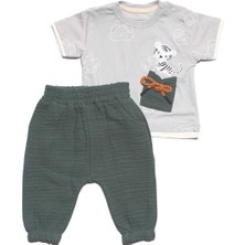Erkek Bebek Gri Yeşil Müslin Pantolonlu Kaplan Baskılı 2'li Takım - 1013674