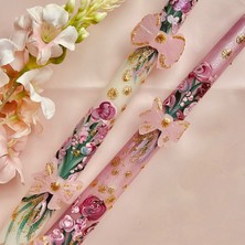 Pembe Fiyonk ve Çiçek Desenli Şamdan Mum Takımı