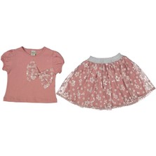 Kız Çocuk Gül Kurusu Pullu Çiçekli Tokalı Etekli Takım - 1014131