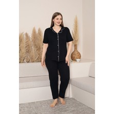 Kadın Büyük Beden Kısa Kol Ara Biyeli Önden Düğmeli Pijama Takımı