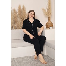 Kadın Büyük Beden Kısa Kol Ara Biyeli Önden Düğmeli Pijama Takımı