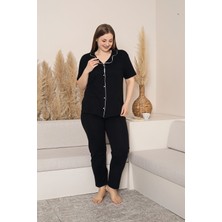 Kadın Büyük Beden Kısa Kol Ara Biyeli Önden Düğmeli Pijama Takımı