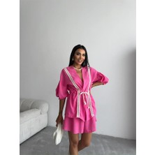 Gökyüzü Moda Keten Bel Büzgülü Bluz-Pantolon Takım - Fuşya