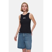 Ucla SALINAS Siyah Sıfır Kol  Nakışlı %100 Pamuk Standard Fit Kadın Tshirt