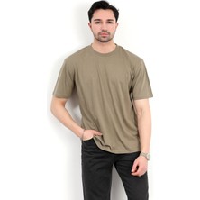 Erkek Bisiklet Yaka Marka Baskılı %100 Pamuklu T-Shirt Haki - 2271-6