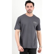 Erkek Bisiklet Yaka Marka Baskılı %100 Pamuklu T-Shirt Antrasit - 2271-2