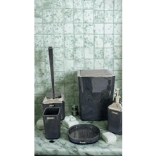 Luna Premium Kare Banyo Seti 5 Li  Koyu Gri Mermer Desen & Krom Kapak Şıklığı ✨