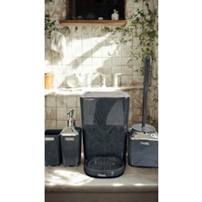 Luna Premium Kare Banyo Seti 5 Li  Koyu Gri Mermer Desen & Krom Kapak Şıklığı ✨