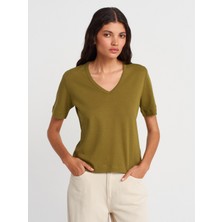 31840 V Yaka Kısa Kollu T-Shirt-Yağ Yeşil