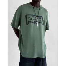 Abluka Online Erkek Baskılı Yıkamalı Premium Oversize T-Shirt Haki