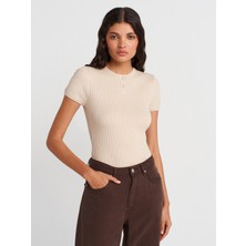 10756 Bisiklet Yaka Düğmeli Triko Bluz-Taş