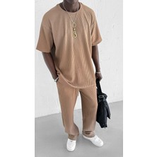 Abluka Online Erkek Fitilli Yıkamalı Renk Geçişli Oversize T-Shirt Kahve Beyaz