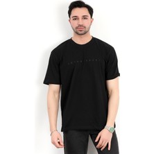 Erkek Bisiklet Yaka Marka Baskılı %100 Pamuklu T-Shirt Siyah - 2271-6