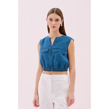 Önden Fermuarlı Beli Lastikli Keten Yelek Indigo Y2517004_043