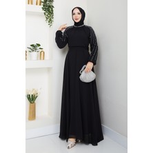 Kadın Kolu Taşlı Astarlı Şifon Elbise -PMK419