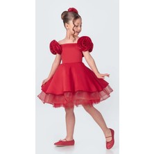 Gül Aksesuarlı Roze Kız Çocuk Abiye Elbise