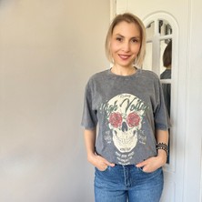 Kuru Kafa Desenli Yıkamalı Tshirt