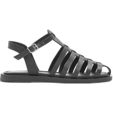 Kadın Siyah Tokalı Gladyatör Deri Sandalet