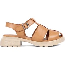 Kadın Taba Tokalı Kalın Topuklu Deri Sandalet