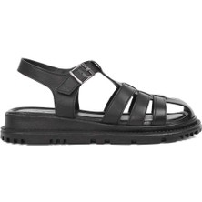 Kadın Siyah Tokalı Gladyatör Deri Sandalet