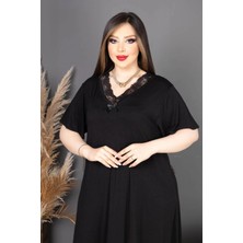 Bambu V Yaka Dantel Detaylı Eteği Kloş Elbise Büyük Beden 6xl