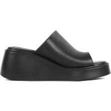 Kadın Siyah Önü Açık Dolgu Topuklu Deri Terlik