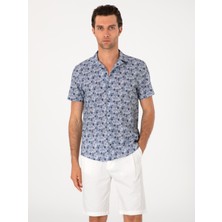 Cacharel Erkek Lacivert Regular Fit Keten Karışımlı Desenli Kısa Kollu Gömlek 50302528-VR033