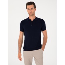 Cacharel Erkek Lacivert Slim Fit Fermuarlı Polo Yaka Triko T-shirt 50300797-VR033