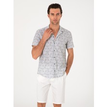Cacharel Erkek Yeşil Regular Fit Keten Karışımlı Desenli Kısa Kollu Gömlek 50302528-VR054