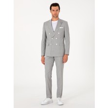 Cacharel Erkek Açık Gri Slim Fit %100 Yün Çizgili Kruvaze Takım Elbise 50306346-VR001