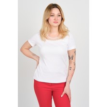 Ella Camelia Kadın Yakası Dantel Işlemeli Kısa Kol Pamuklu Bluz 24E008 Beyaz
