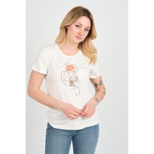 Sistas Kadın Baskı Desenli Kısa Kollu Bisiklet Yaka Bluz 24165 Ekru