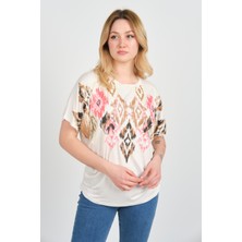 Ella Camelia Kadın Düşük Kollu Desenli Bluz 24E021 Ekru