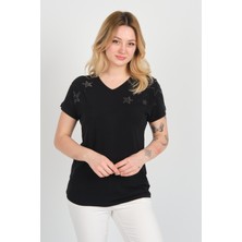 Ella Camelia Kadın Düşük Kol Taş Süslemeli V Yaka Bluz 24E105 Siyah