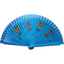 Yelpaze Bambu Çift Taraflı Çiçekli El Boyama Mavi