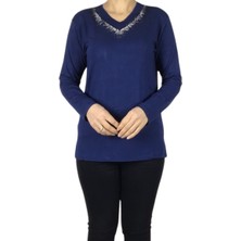 Kadın Yaka ve Kolağzı Taşlı Likralı Penye Bluz